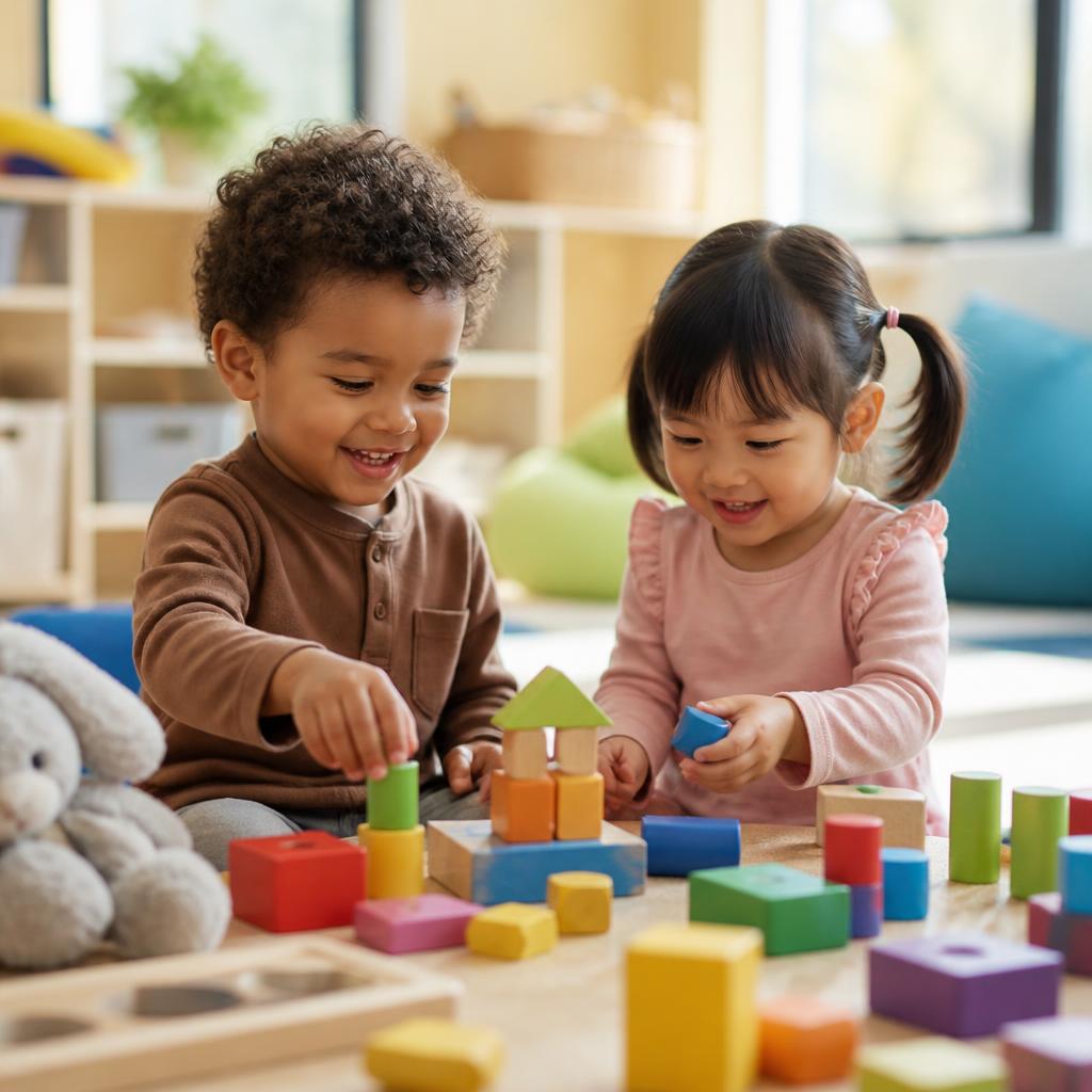 Smiling child playing with colorful blocks during an ABA therapy session
